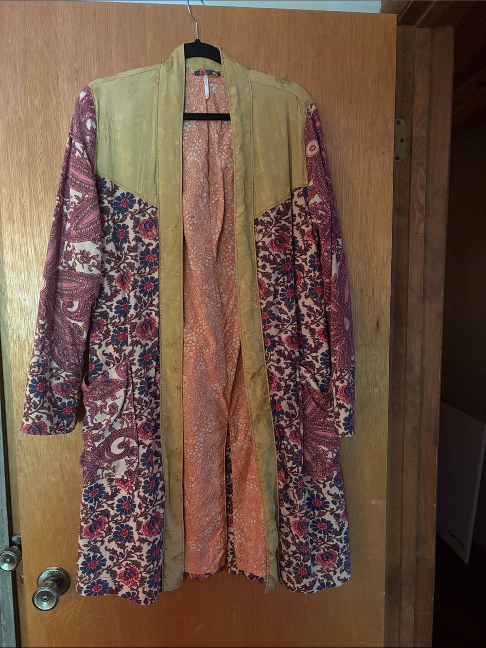 Free People Bohemian Floral Patchwork Long Women's Coat in Maroon and Mustard